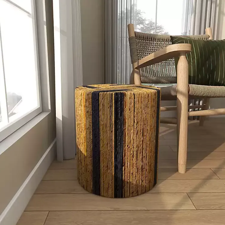 Accent & End Tables-Kirklands Home Handmade Round Banana Leaf Striped Accent Table Brown