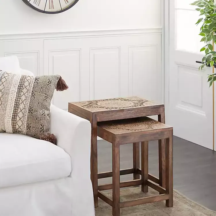 Accent & End Tables-Kirklands Home Wood Carved Floral Nesting Tables, Set of 2 Brown