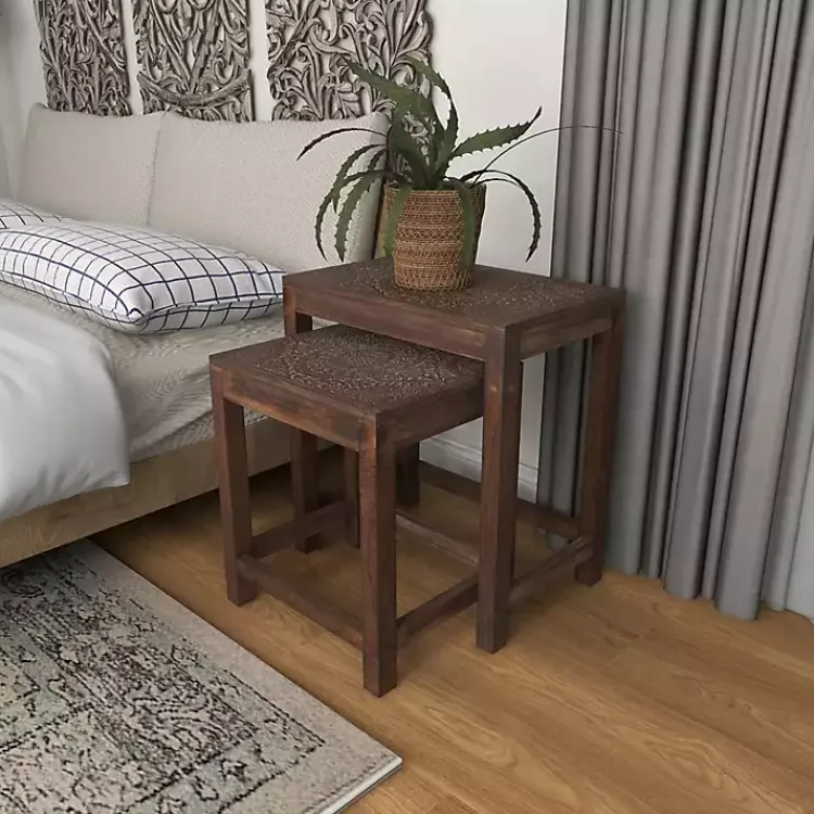 Accent & End Tables-Kirklands Home Wood Carved Floral Nesting Tables, Set of 2 Brown