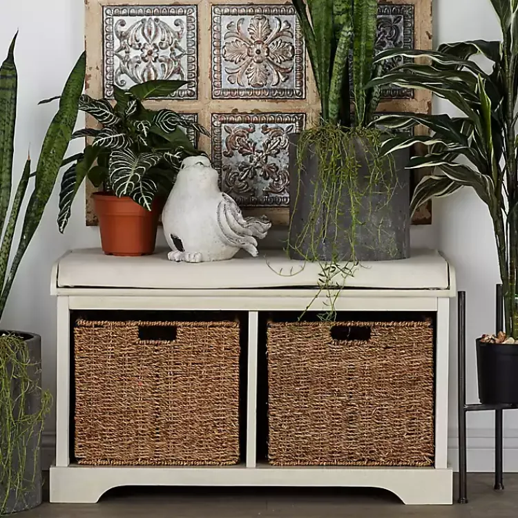 Entryway Furniture-Kirklands Home Cream Wood Bench with Storage Baskets White