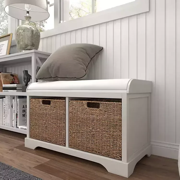 Entryway Furniture-Kirklands Home Cream Wood Bench with Storage Baskets White