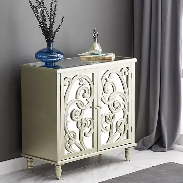 Entryway Furniture-Kirklands Home Wood Carved Scroll Mirrored Cabinet Gold