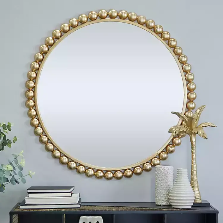 Decorative Mirrors-Kirklands Home Gold Metal Round Beaded Frame Wall Mirror