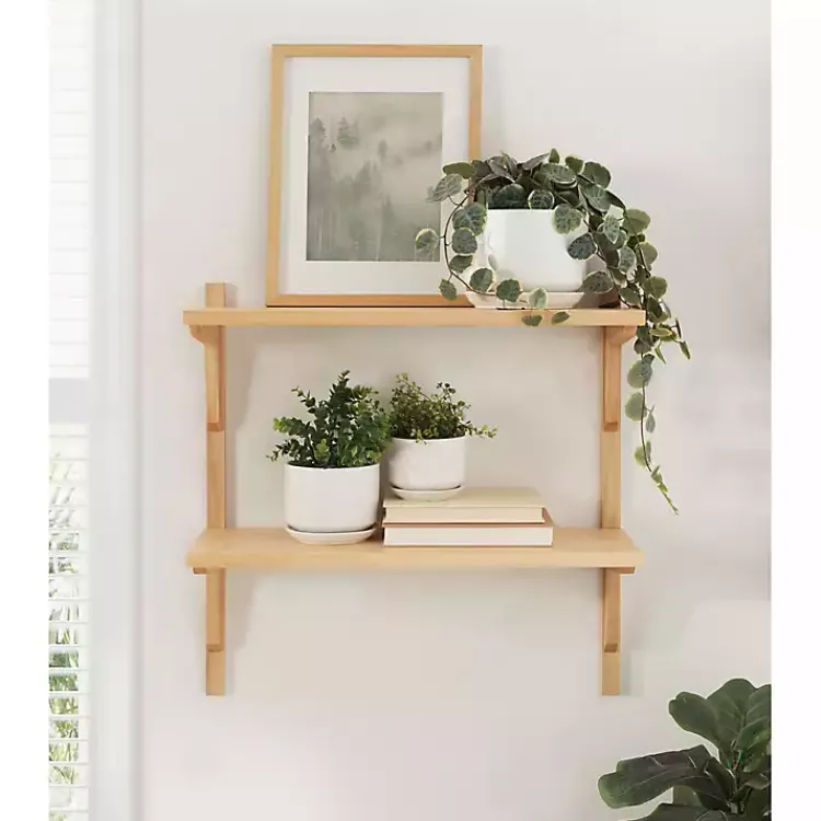 Shelves-Kirklands Home Natural Wood Traditional Two-Tiered Wall Shelf Tan