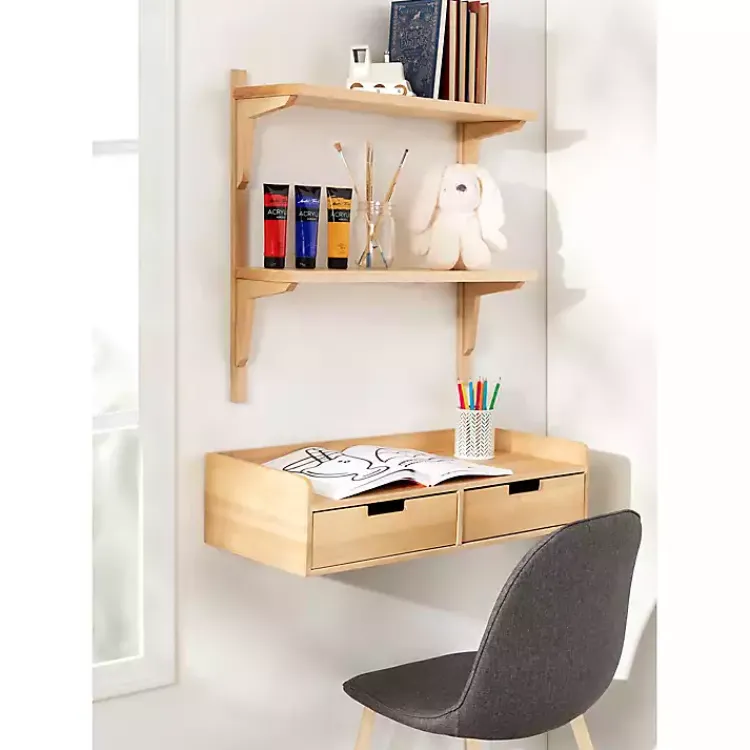 Shelves-Kirklands Home Natural Wood Traditional Two-Tiered Wall Shelf Tan