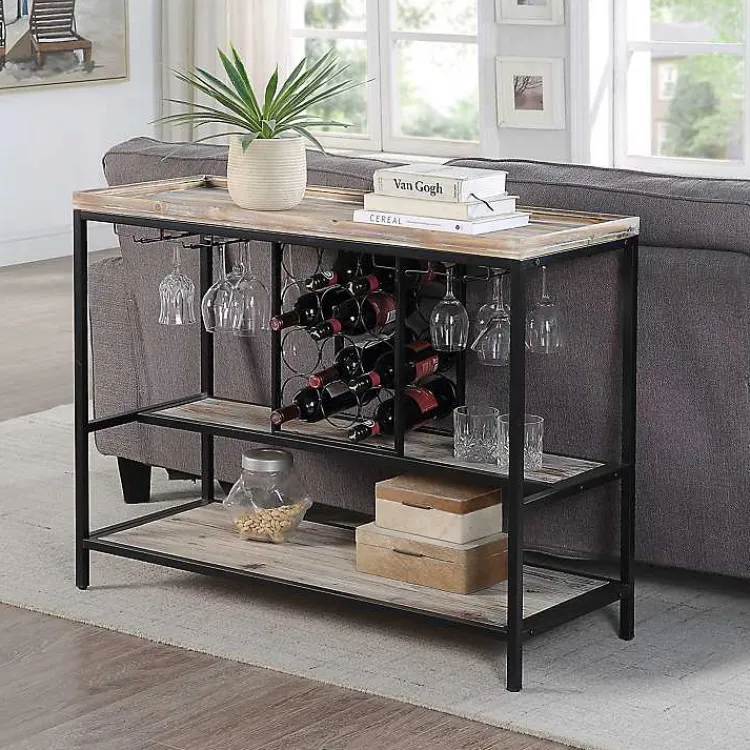 Console Tables-Kirklands Home Natural Wood & Black Metal Wine Rack Console Table