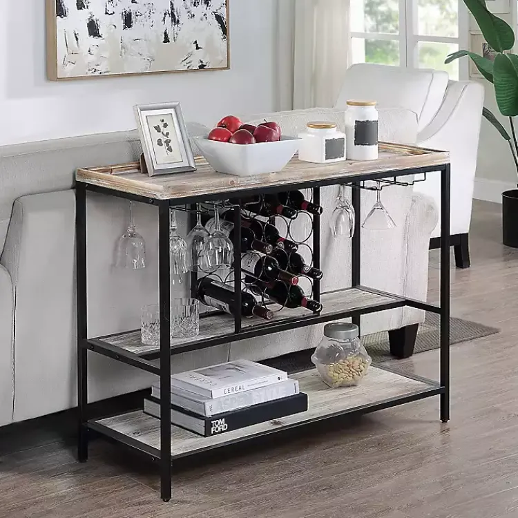 Console Tables-Kirklands Home Natural Wood & Black Metal Wine Rack Console Table