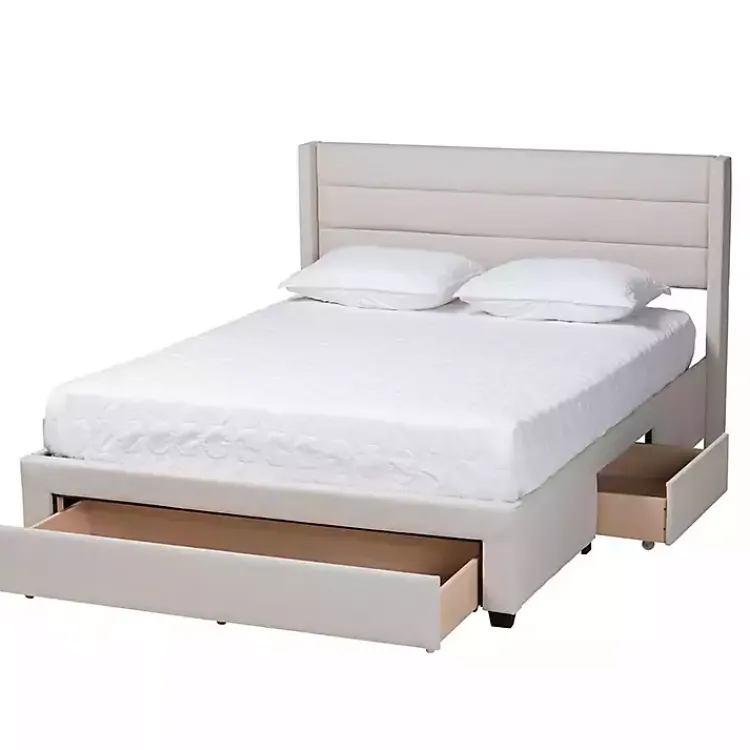 Beds & Headboards-Kirklands Home Beige Braylon Upholstered 3-Drawer Queen Bed Tan