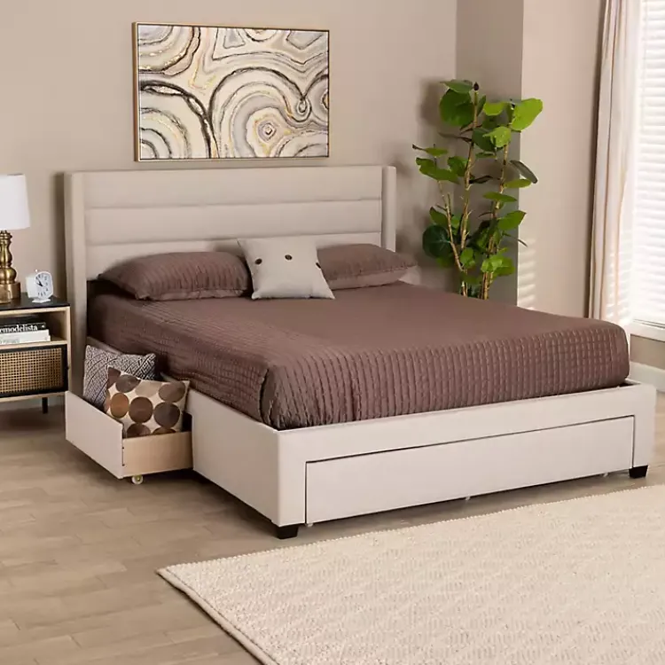 Beds & Headboards-Kirklands Home Beige Braylon Upholstered 3-Drawer Queen Bed Tan