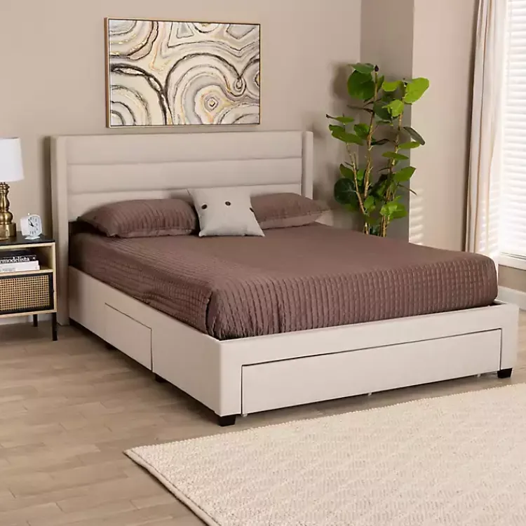 Beds & Headboards-Kirklands Home Beige Braylon Upholstered 3-Drawer Queen Bed Tan