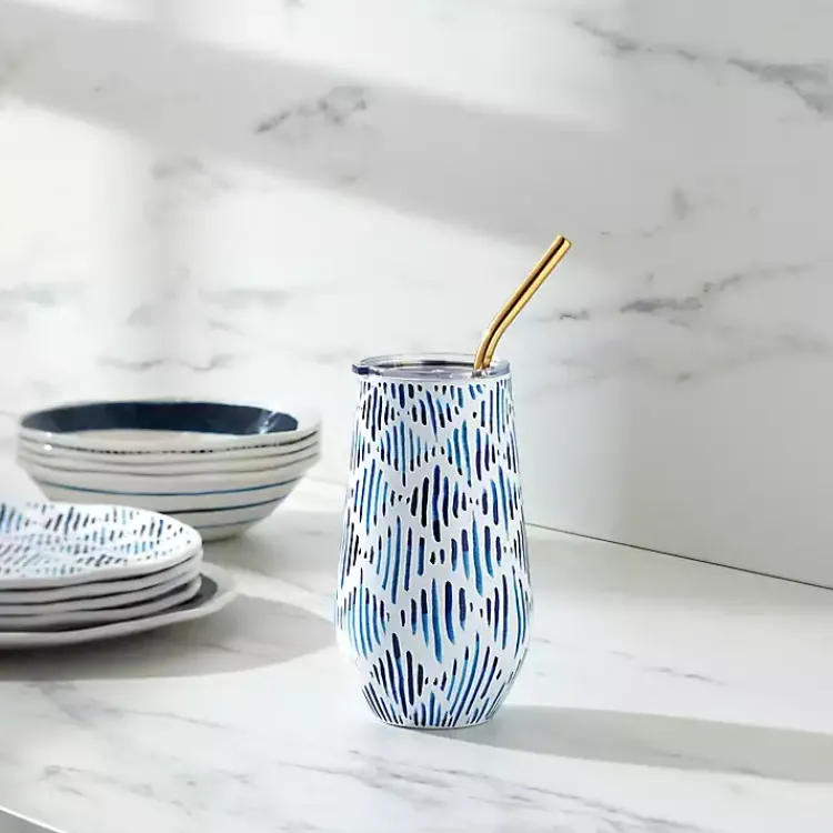 Glassware & Drinkware-Kirklands Home Bay Ikat Insulated Wine Tumbler Blue