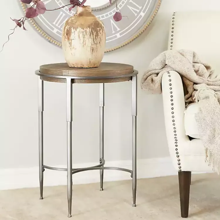 Accent & End Tables-Kirklands Home Metal & Wood Round Accent Table Gray