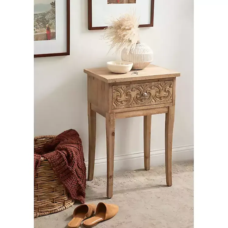 Accent & End Tables-Kirklands Home Rustic Ornate Carved Wood Accent Table Brown