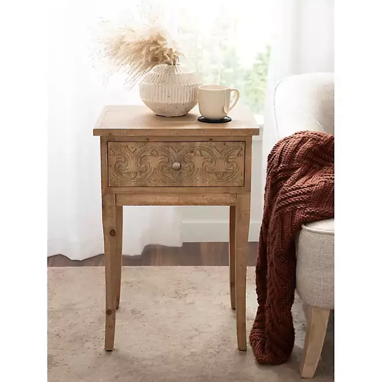 Accent & End Tables-Kirklands Home Rustic Ornate Carved Wood Accent Table Brown
