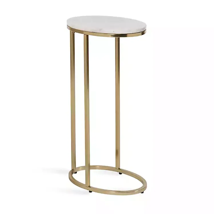 Accent & End Tables-Kirklands Home Marble and Gold Oval C-Shape Accent Table White