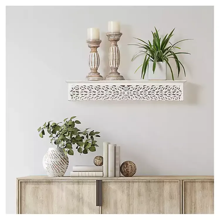 Shelves-Kirklands Home White Carved Floral Decorative Wall Shelf