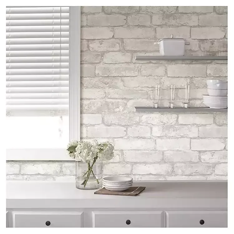 Wall Murals & Wallpaper-Kirklands Home Gray and White Rustic Brick Peel & Stick Wallpaper