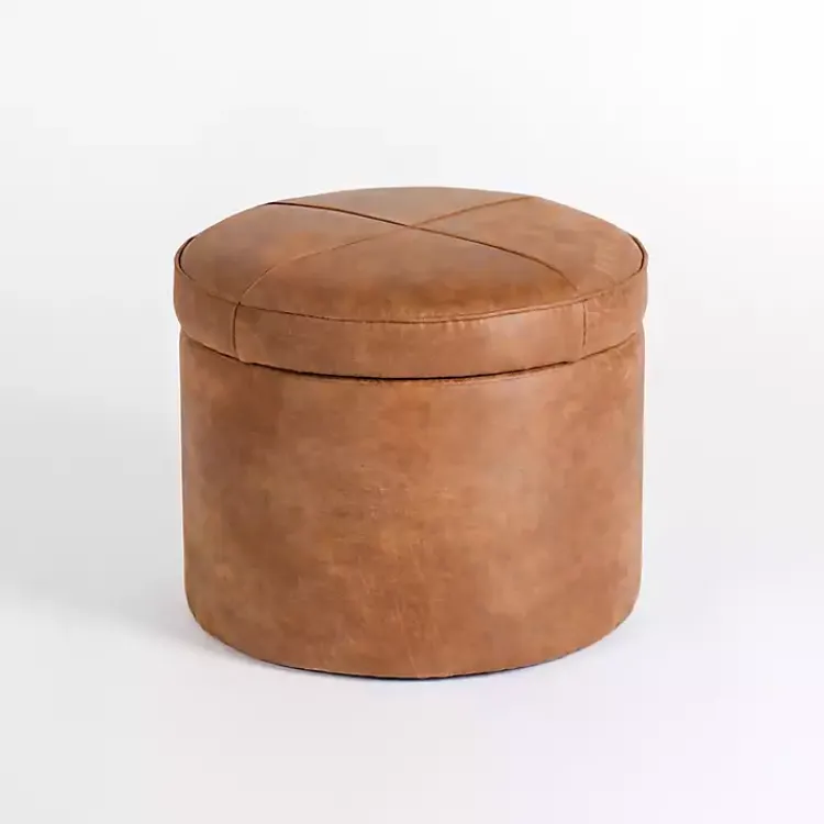 Benches & Ottomans-Kirklands Home Wyatt Faux Leather Storage Ottoman Brown