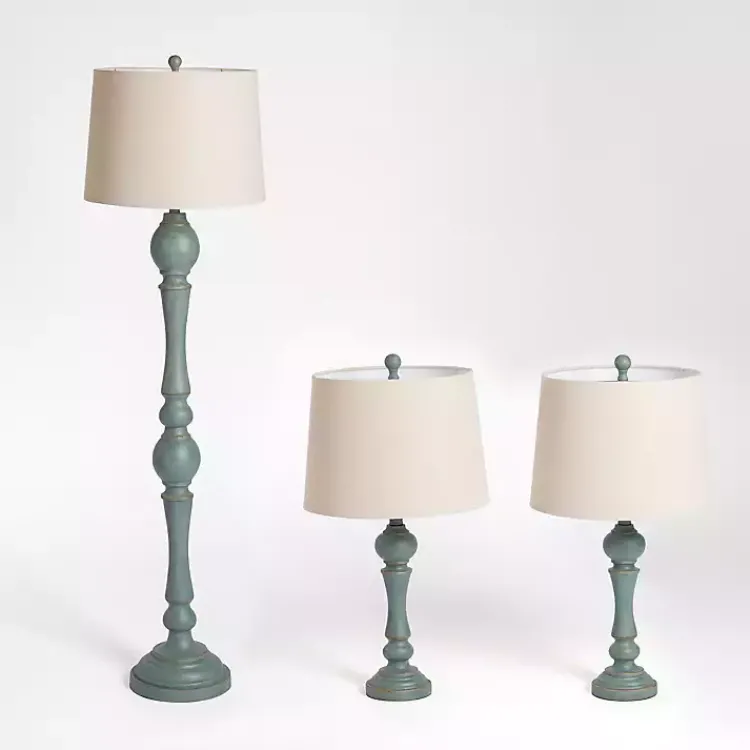 Table Lamps-Kirklands Home Green Distressed Set of Three Lamps Blue