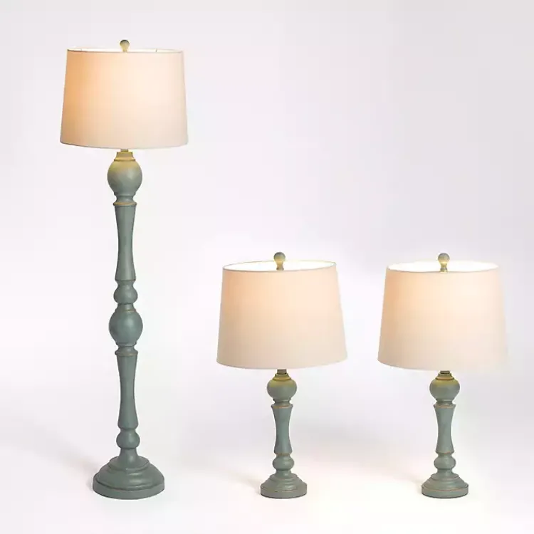 Table Lamps-Kirklands Home Green Distressed Set of Three Lamps Blue