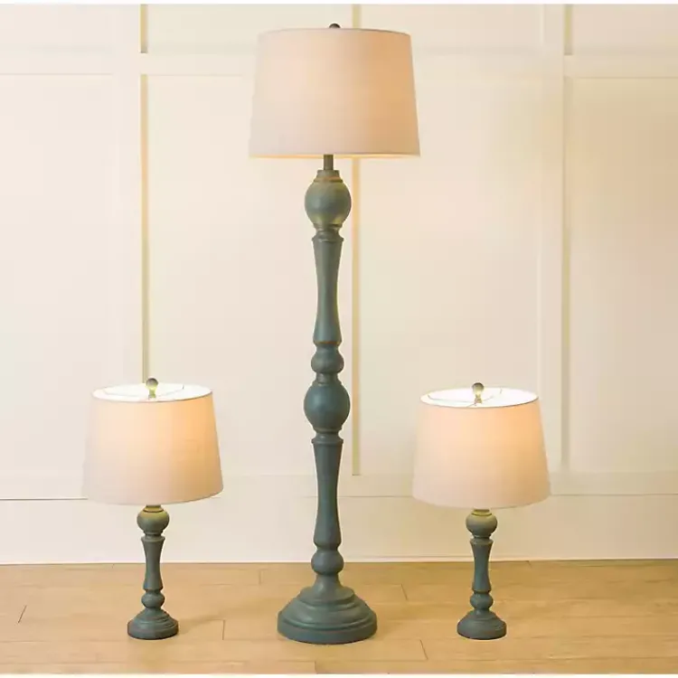 Table Lamps-Kirklands Home Green Distressed Set of Three Lamps Blue