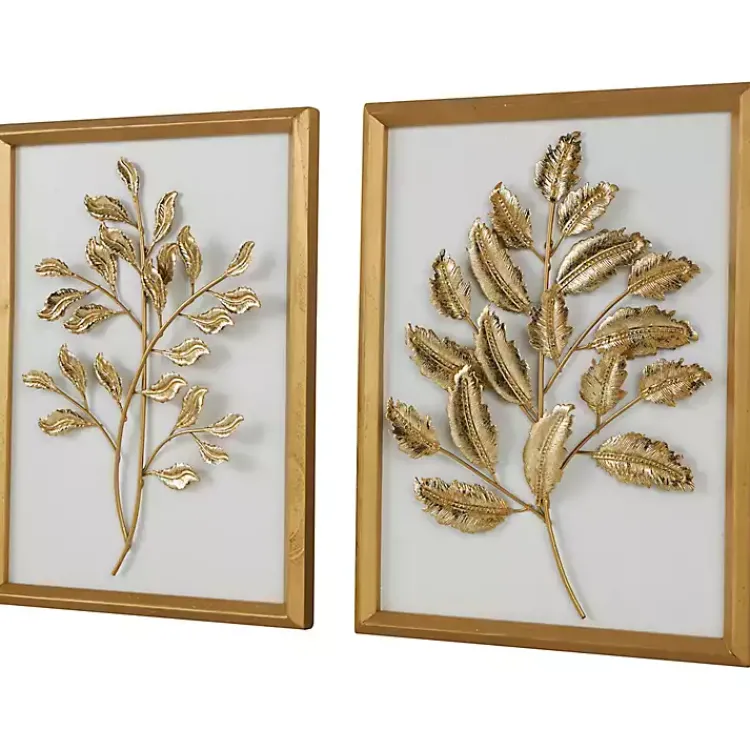 Wall Plaques-Kirklands Home Gold Metal Leaves Framed Wall Plaques, Set of 2