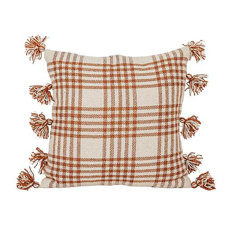 Outdoor Cushions & Pillows-Kirklands Home Rust Plaid Tassel Indoor/Outdoor Pillow