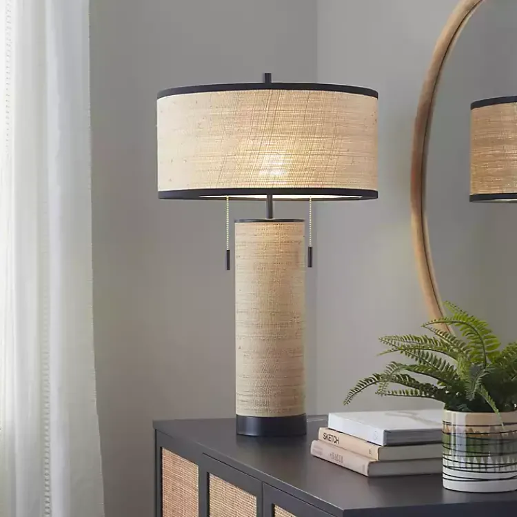 Table Lamps-Kirklands Home Natural Rattan and Black Metal Table Lamp