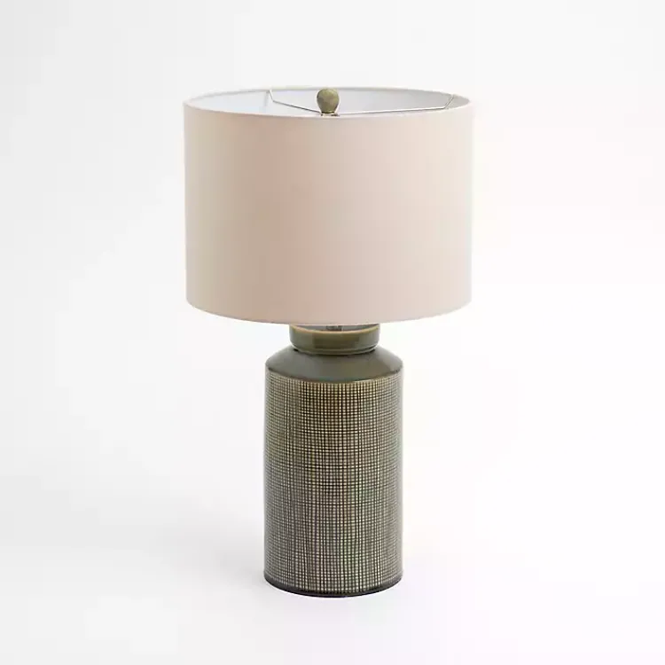 Table Lamps-Kirklands Home Olive Green Grid Ceramic Table Lamp Tan