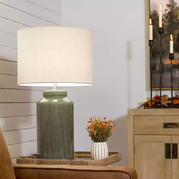 Table Lamps-Kirklands Home Olive Green Grid Ceramic Table Lamp Tan
