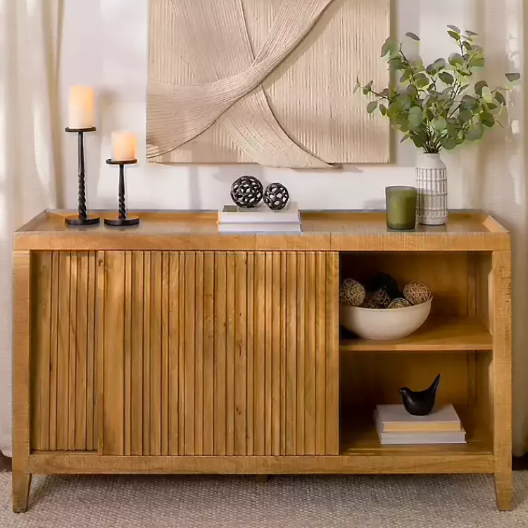 Cabinets & Sideboards-Kirklands Home Natural Wood Hughes Sliding Door Cabinet Tan