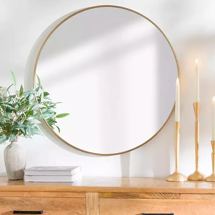 Framed Mirrors-Kirklands Home Antique Brass Nouveau Linear Round Mirror Gold