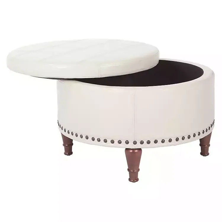 Benches & Ottomans-Kirklands Home Cream Leather Antique Nailhead Storage Ottoman Ivory