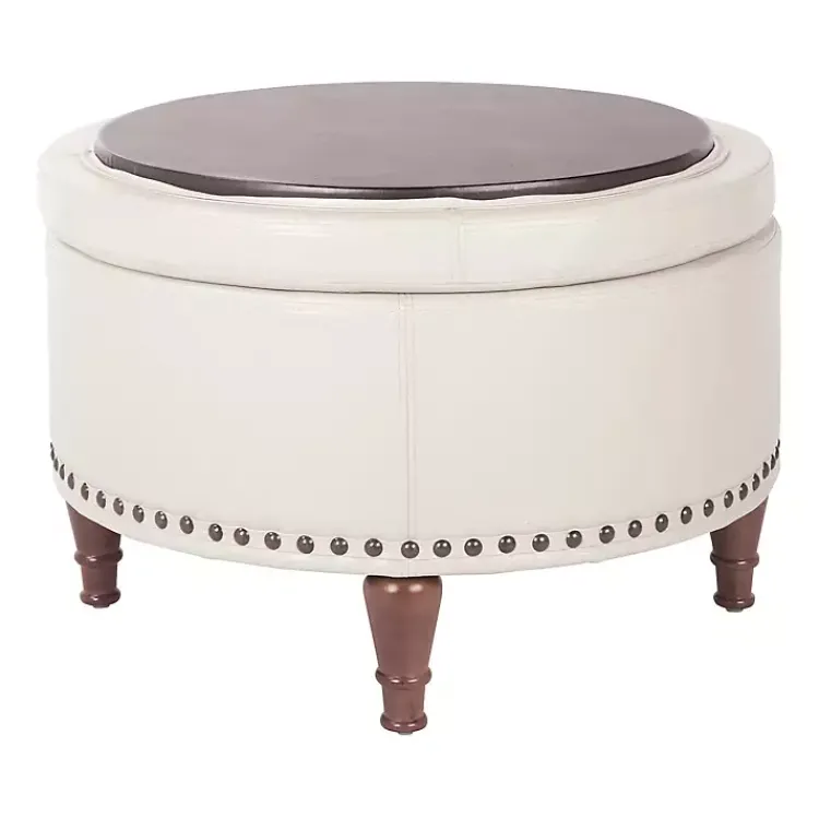 Benches & Ottomans-Kirklands Home Cream Leather Antique Nailhead Storage Ottoman Ivory