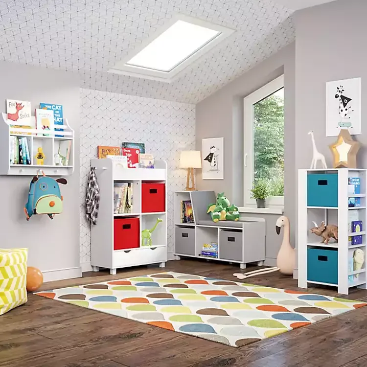 Bookshelves-Kirklands Home Storage Cabinet Bookshelf with 2 Navy Bins White