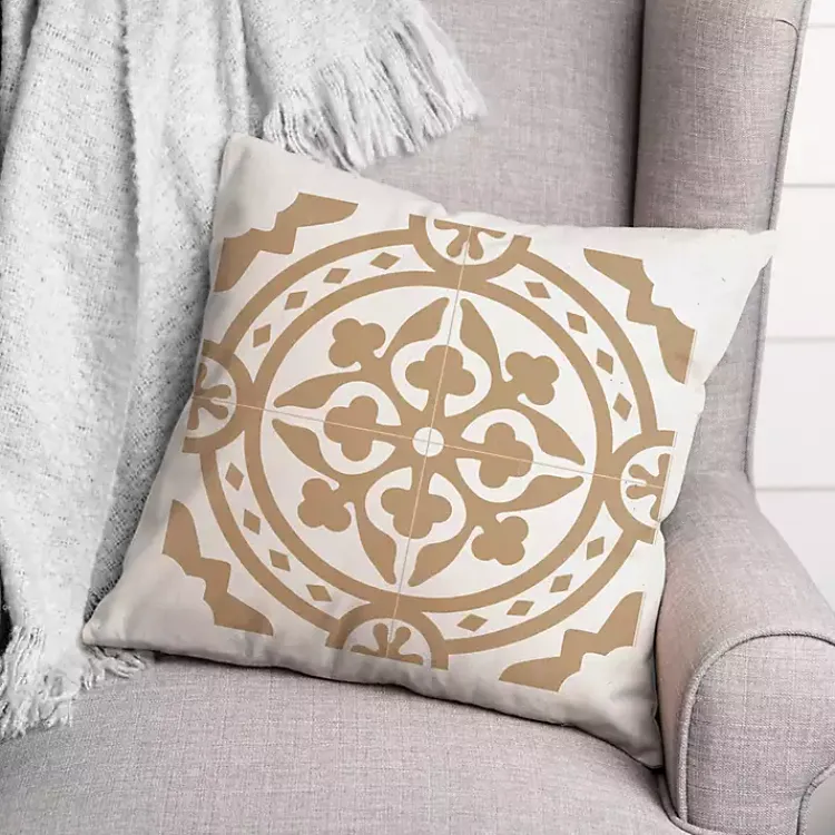 Outdoor Cushions & Pillows-Kirklands Home Tan Medallion Tile Indoor/Outdoor Pillow