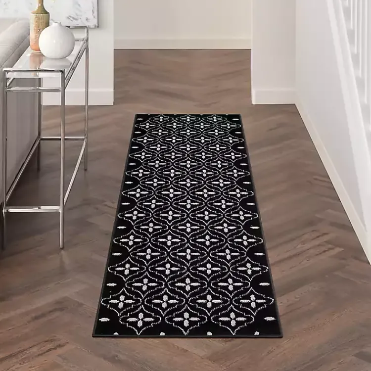 Outdoor Rugs-Kirklands Home Black & Ivory Quatrefoil Indoor/Outdoor Runner