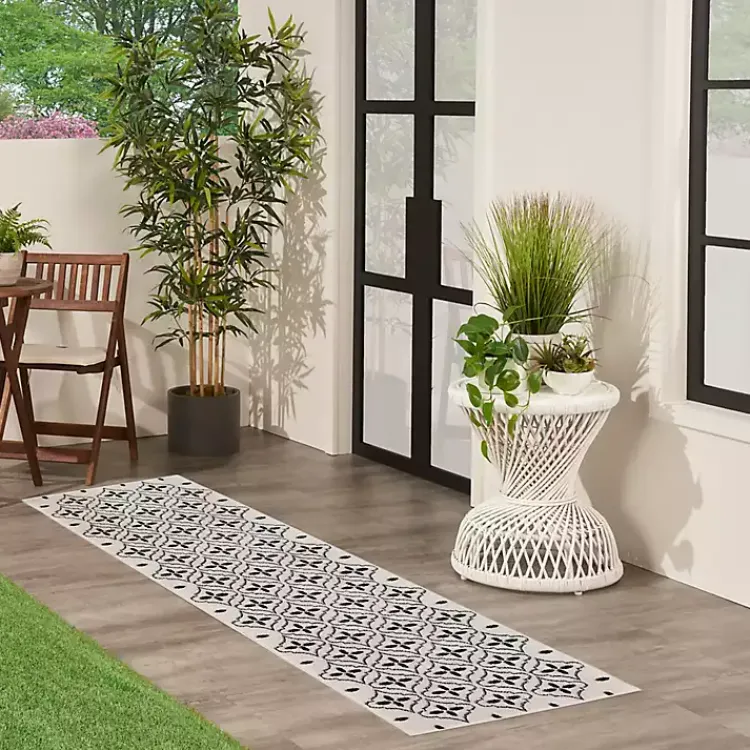 Outdoor Rugs-Kirklands Home Ivory & Black Quatrefoil Indoor/Outdoor Runner