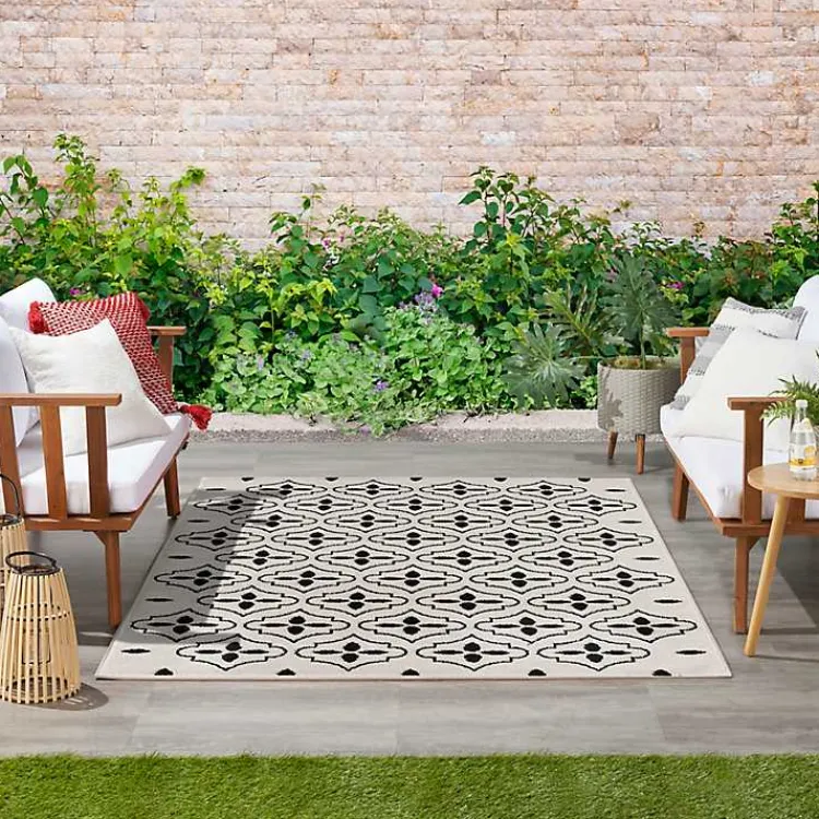 Area Rugs-Kirklands Home Ivory & Black Quatrefoil Indoor/Outdoor Rug, 4x6