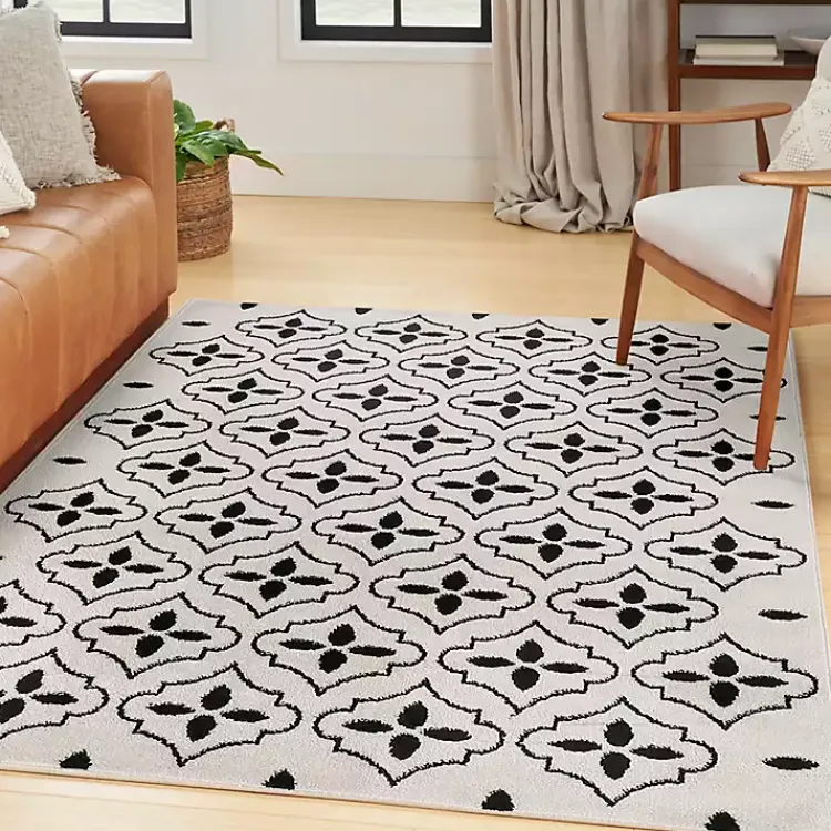 Area Rugs-Kirklands Home Ivory & Black Quatrefoil Indoor/Outdoor Rug, 4x6