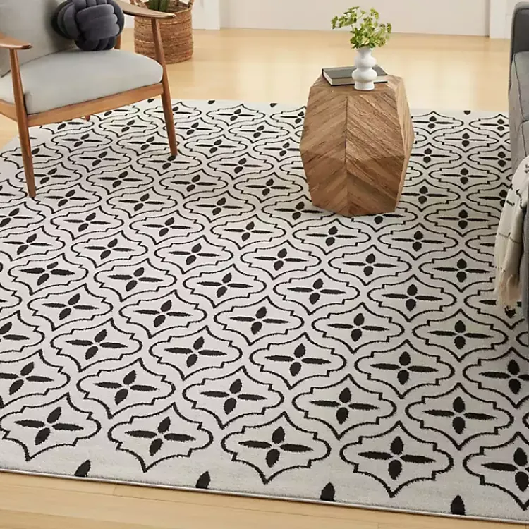 Outdoor Rugs-Kirklands Home Ivory & Black Quatrefoil Indoor/Outdoor Rug, 8x10