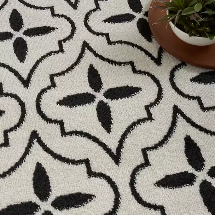 Outdoor Rugs-Kirklands Home Ivory & Black Quatrefoil Indoor/Outdoor Rug, 8x10