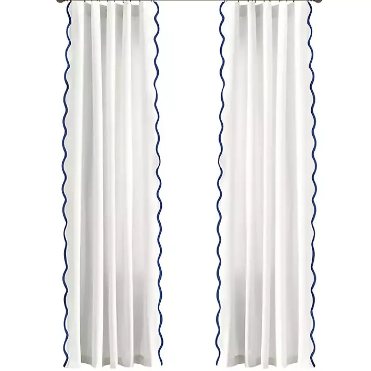 Curtains & Drapes-Kirklands Home White and Navy Scalloped Curtain Panel Set, 84 in.