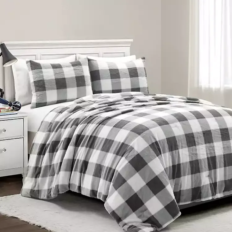 Comforters-Kirklands Home Gray Plaid Faux Fur 3-pc. Full/Queen Comforter Set