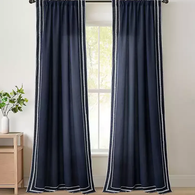 Curtains & Drapes-Kirklands Home Navy Embroidered Ric Rac Curtain Panel, 84 in. Blue