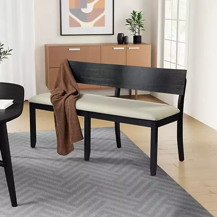 Benches & Ottomans-Kirklands Home Black Wood Cream Upholstered Bench White