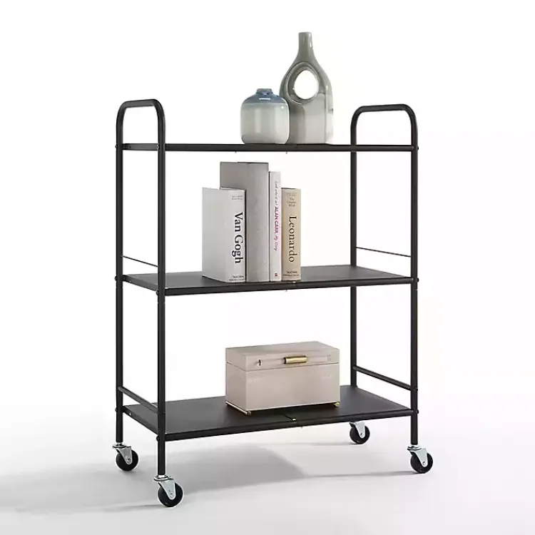 Kitchen Islands & Bar Carts-Kirklands Home Wide Metal 3-Tier Storage Cart Black