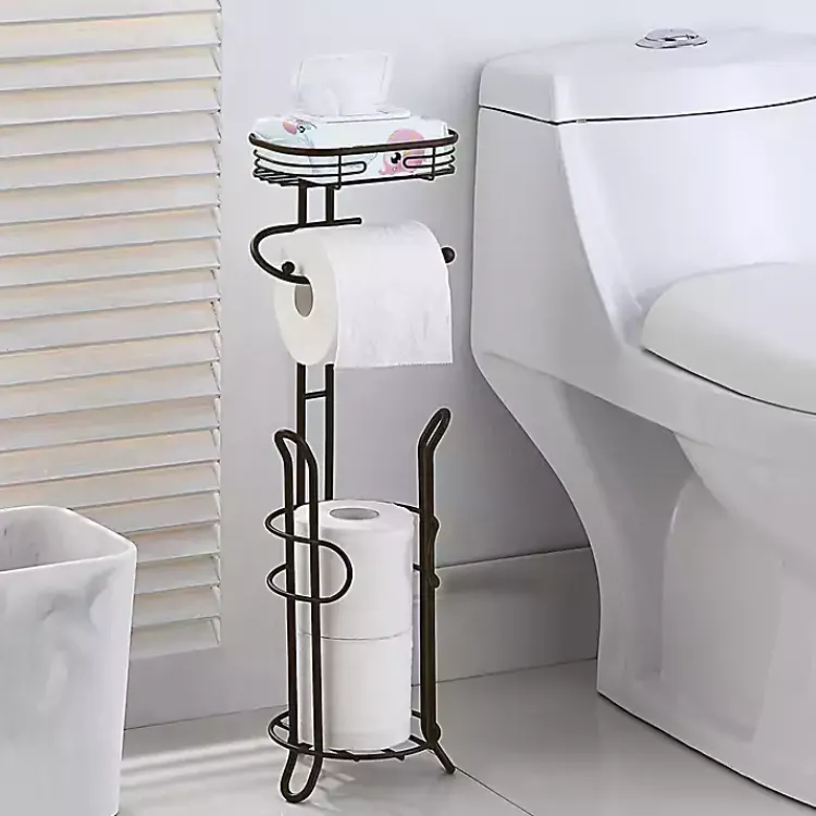 Bathroom Accessories-Kirklands Home Bronze Toilet Paper Storage Stand with Basket Brown