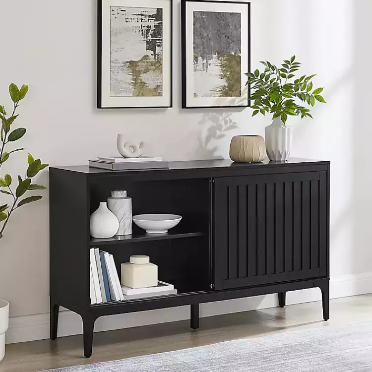 Cabinets & Sideboards-Kirklands Home Slatted Sliding Door Sideboard Black