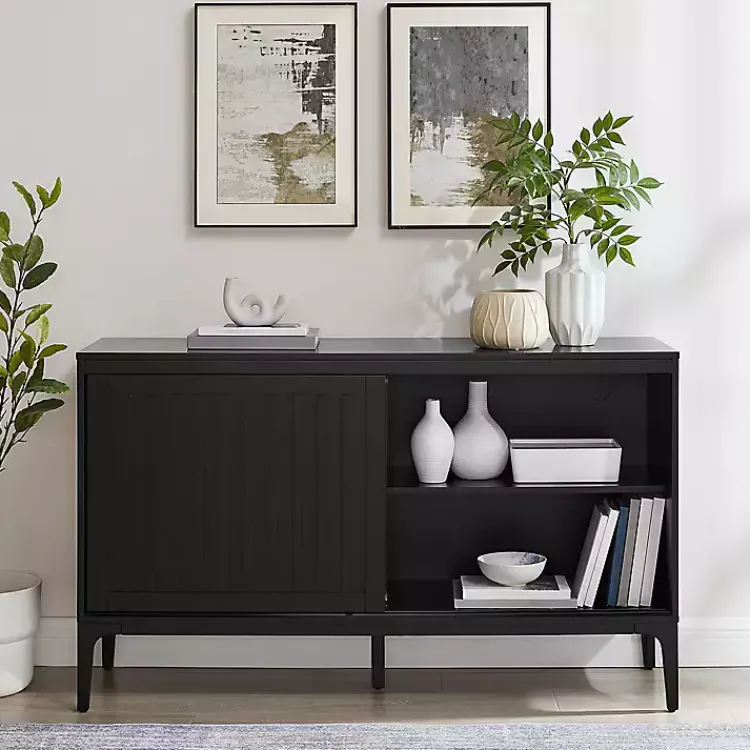 Cabinets & Sideboards-Kirklands Home Slatted Sliding Door Sideboard Black